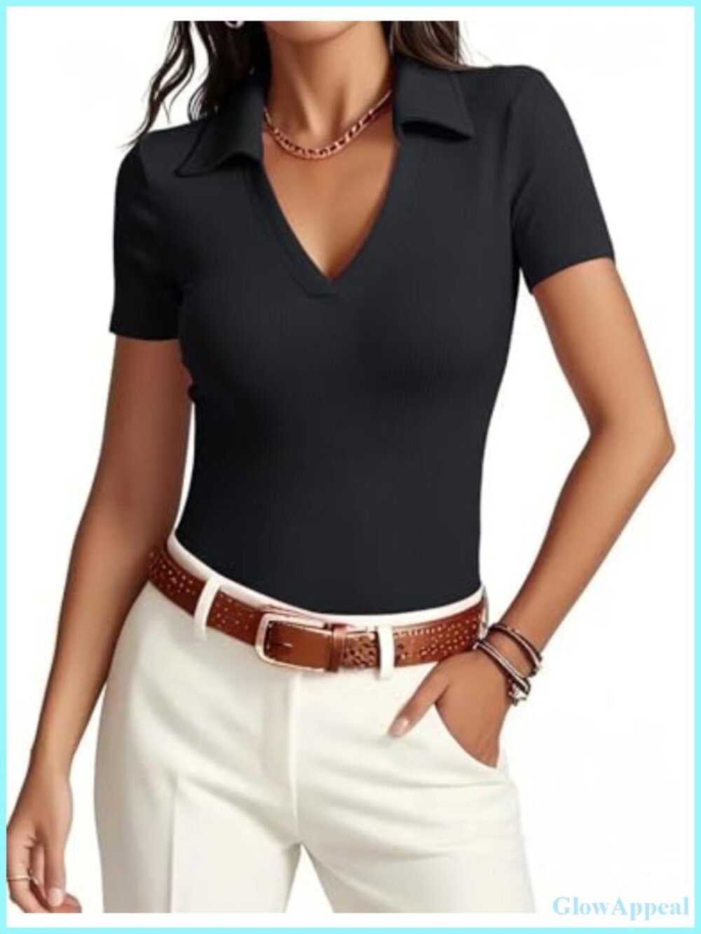 Women's Slim Fit V-Neck Short Sleeve Polo Shirt Business Work Top
